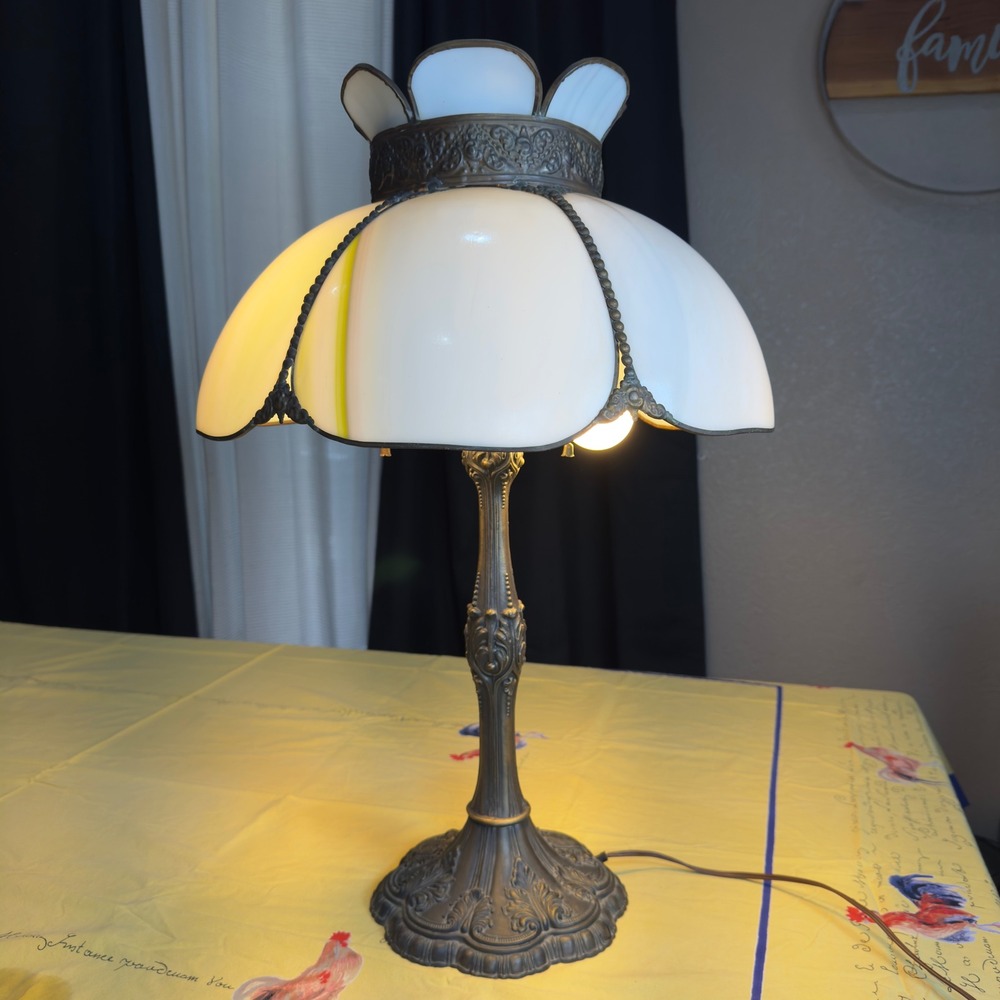 VTG Slag Glass Art Nouveau Table Lamp Antique Bronze Base White 6 Panel Crown